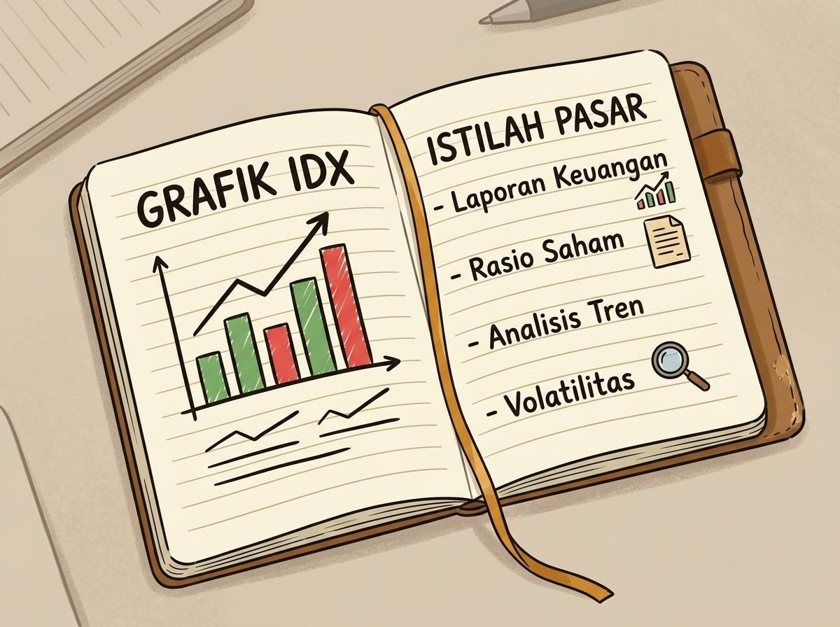 Buku catatan berisi grafik papan IDX dan istilah pasar modal